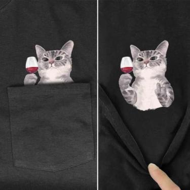 Imagem de Camiseta De Algodão Unissex De Verão Com Estampa De Gato E Bolso, Marc