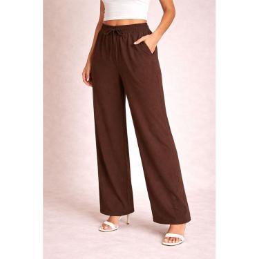 Imagem de Calça Pantalona Feminina em Linho com Cós Elástico e Bolsos Laterais