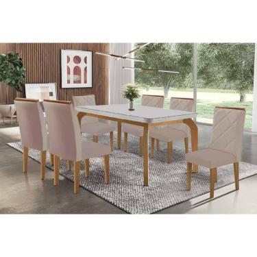 Imagem de Sala Jantar Mesa Londrina Tampo c/ Vidro Curvo 180cm+6 Cadeiras Pietá Madeira Naturale/Off White - Capuccino/Suede Capuccino - Rufato