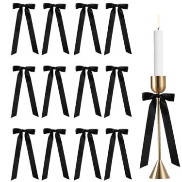 Imagem de 12 peças de laços pretos para castiçal de 25,4 cm grande fita de cetim decorações de laço para embrulho de presente casamento chá de panela, aniversário, festa de Natal, decoração de casa