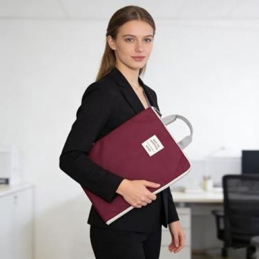 Imagem de Bolsa A4 com zíper, bolsa de arquivo impermeável com alça, organizador de documentos dobrável para escritório, viagens - pasta durável com projeto de quebra-cabeça/ponto cruz vinho tinto