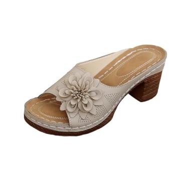 Imagem de Sandálias femininas de salto alto de bico aberto casual verão cor sólida salto grosso confortável Chinelo de cabeça redonda PU superior múltiplo, Bege, 39