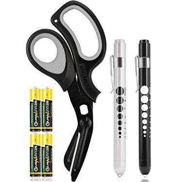 Imagem de Pacote com 3 canetas de luz e tesouras médicas, duas lanternas de LED médicas com medidor de pupila, uma tesoura de trauma EMT de 19 cm com tesoura de mosquetão para kits de primeiros socorros de enfermeiros médicos EMT