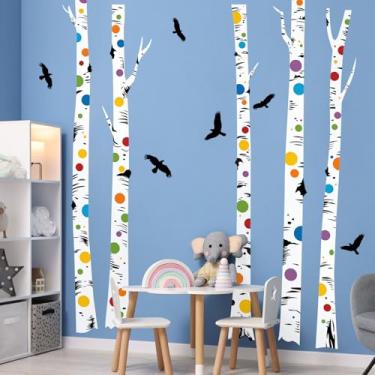 Imagem de Birch Tree Wall Decals 5 White Aspen Trees with Polka Dots and Birds Wall Stickers Peel and Stick for Kids Bedroom Living Room Kitchen Sofa TV Backdrop