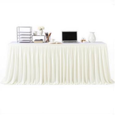 Imagem de Saia de mesa bege para mesas retangulares de 2,7 m, saia de mesa para professores, sala de aula, babados, tecido de poliéster, saias de mesa para chá de bebê, festa de aniversário, formatura, banquete