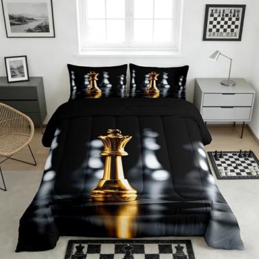 Imagem de Castle Fairy Conjunto de edredom de xadrez 3D, tamanho casal, 3 peças, decoração de xadrez internacional, para crianças, adolescentes e adultos, jogo de edredom com 2 fronhas