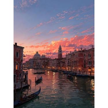 Imagem de GXGLLPZBY Kits de pintura por números para adultos iniciantes, pôr do sol canais venezianos pintura por números em tela, kit de pintura de números acrílicos a óleo faça você mesmo, decoração de parede