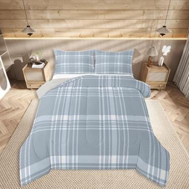 Imagem de jejeloiu Conjunto de edredom xadrez clássico, tamanho Queen, cinza, para crianças, meninos, meninas, casa de fazenda, decoração de quarto de microfibra, 3 peças com 2 fronhas