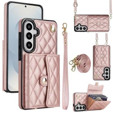 Imagem de Capa para Samsung Galaxy S26, capa carteira para celular com compartimentos para cartões e suporte, capa antiqueda com bloqueio de RFID, bolsa com pulso removível e alça longa para mulheres (ouro rosa