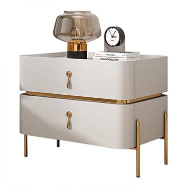 Imagem de Mesa de cabeceira moderna de meados do século | Mesa de cabeceira para decoração de casa com pernas de metal e 2 gavetas de armazenamento | Mesa lateral contemporânea para sala de estar, quarto