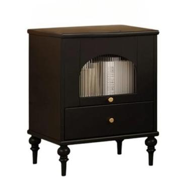 Imagem de Mesa de cabeceira de madeira vintage moderna porta de vidro quarto armário de armazenamento de cabeceira mesa de armazenamento com gaveta prática (preto)
