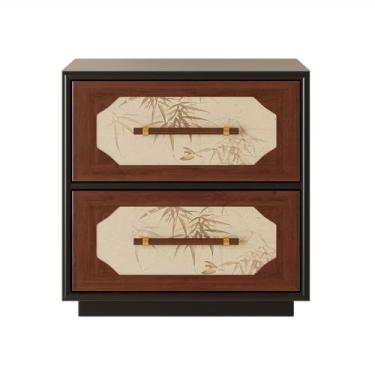 Imagem de Mesa de cabeceira de madeira vintage moderna com função de armazenamento com duas gavetas com padrões florais práticos