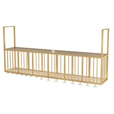 Imagem de Suporte para copo de vinho para casa vermelho montado na parede com suporte de vidro | Suporte de garrafa de vinho de 2 níveis | Copos pendurados