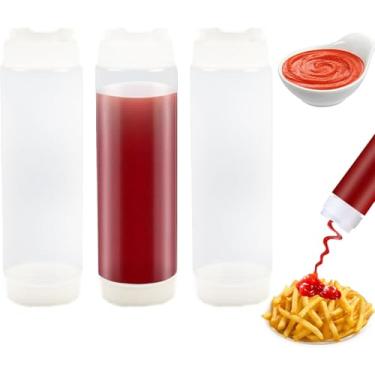 Imagem de Conjunto de Dispensador Molho Invertido - 3 Garrafas Plásticas Recarregáveis para Molhos Ketchup xaropes Creme Azedo 16 oz Ideal Cozinhas e Restaurantes Reutilizável Fácil Espremer Resistente Usar