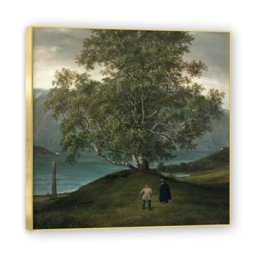 Imagem de NHLDZYH Moldura dourada. Trabalho mestre do romance norueguês, réplica de quadro de J. C. Dahl, paisagem atmosférica, arte de parede com moldura para biblioteca ou sala. (Slindre Birch). 40 x 40 cm.