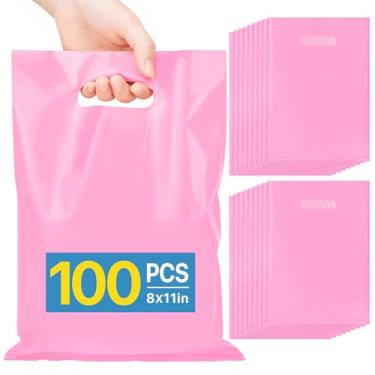 Imagem de ANZNKU 100 peças de sacolas rosa para lembrancinhas de festa 20 x 28 cm, bolsa de presente para artesanato, sacolas de presente de plástico com alças cortadas para aniversário, eventos escolares e