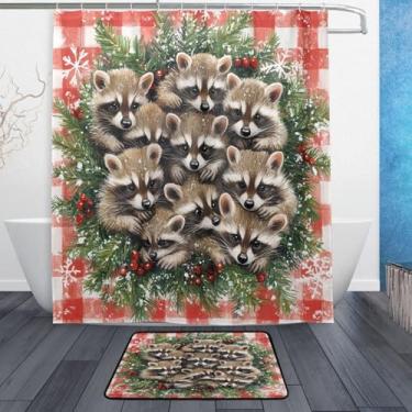 Imagem de xigua Lindo conjunto de tapetes de cortina de banho guirlanda de Natal guaxinim 2 peças, conjunto temático de banheiro (152 x 182 cm) com cortina de chuveiro e tapete antiderrapante -12 ganchos511