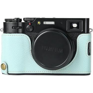 Imagem de Capa X100V, capa BMAOLLONGB feita à mão de couro de fibra de carbono PU para meia câmera, versão com abertura inferior para Fujifilm X100V com alça de mão (azul)