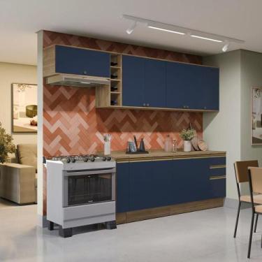 Imagem de Armário de Cozinha Completa 100% MDF 300cm Nogueira/Azul Profundo Cele