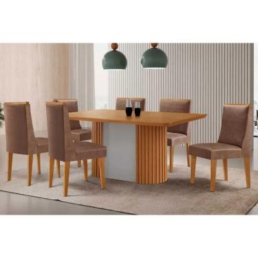 Imagem de Mesa Cozinha Pilar c/ Tampo Madeirado Canto Curvo 180x90cm e 6 Cadeiras Dakota Madeira Maciça Naturale/Off White - Capuccino/Suede Capuccino-Rufato