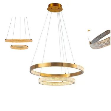 Imagem de Luminaria Pendente Lustre Arco 2 Aneis Dourado Cristal Led 52w Moderno Sala De Estar Casa Recepçao