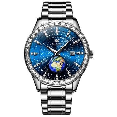 Imagem de Relógio De Quartzo Casual Masculino Mostrador Céu Estrelado Azul Prata