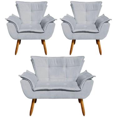 Imagem de Conjunto 2 Poltronas E 1 Namoradeira Pés Palito Charger Suede Cinza G19 - Gran Belo