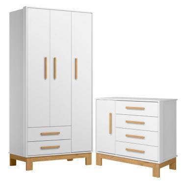 Imagem de Roupeiro Com 3 Portas E Cômoda Malta Branco Acetinado