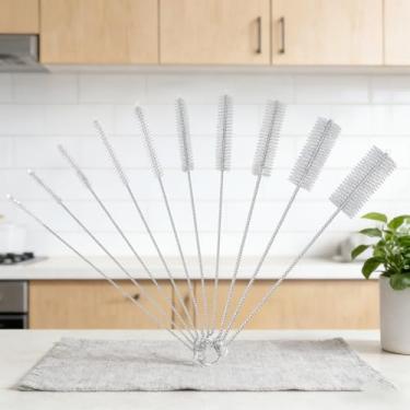 Imagem de Conjunto de escovas de limpeza de palha, conjunto de escovas de palha com cabo de aço inoxidável de 10 peças, escova de palha extralonga adequada para óculos, copos de palha, garrafas de água e tubos