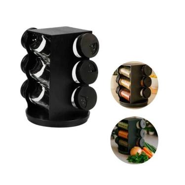 Imagem de Porta Condimentos Giratório Plástico Preto Com 06 Potes 80ml