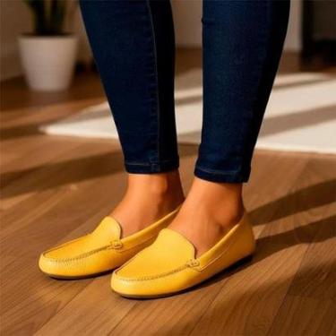 Imagem de Mocassim Feminino Couro Legítimo Amarelo Pesponto-Feminino