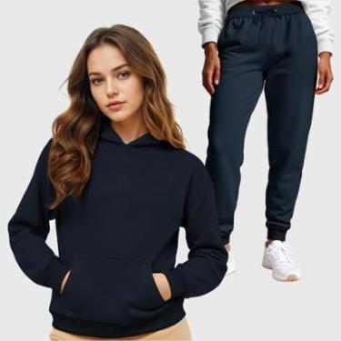 Imagem de Conjunto Moletom Blusa Canguru + Calça Feminina Lisa-Feminino