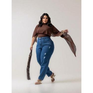 Imagem de Calça Mom Plus Size Cintura Alta Feminino escura com destroyed - Mistu