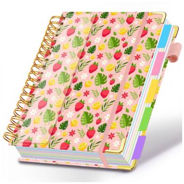 Imagem de Caderno universitário espiral HDhuiun 8x10, 5 matérias, 300 páginas pautadas, divisórias com bolsos e abas, capa floral rosa