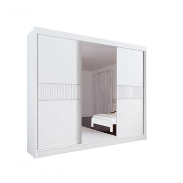 Imagem de Guarda Roupa Casal Com Espelho 3 Portas 6 Gavetas - Los Angeles Ripado-branco - Móveis D`doro