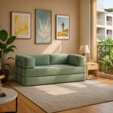 Imagem de Sofá Cama Flowin Inflow Cotelê Azul Menta Vem Na Caixa Retrátil Confor