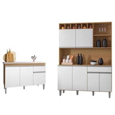 Imagem de Balcão de Pia Tatiane 120cm e Armário Cozinha Kit Alice Amêndoa Branco - AJL