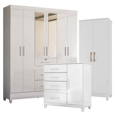 Imagem de Guarda Roupa com Espelho Casal Itatiba com Cômoda Vênus com pés e Multiuso Jade Branco Brilho – Moval