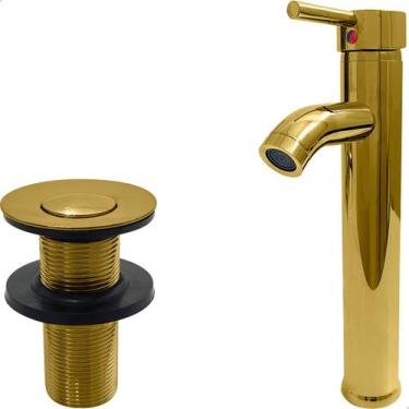 Imagem de Kit Banheiro Torneira Dourada Monocomando Agua Quente Fria Bica Alta e