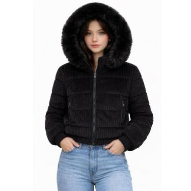 Imagem de Blusa De Frio Jaqueta Feminina Puffer Com Touca Peluciada Capuz Removí