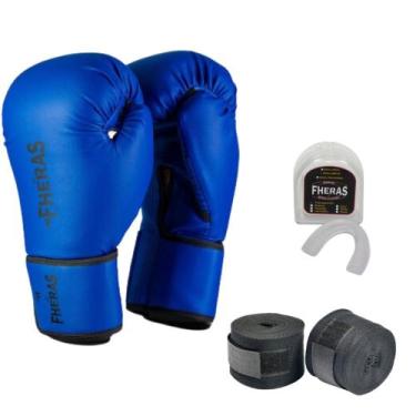 Imagem de Kit Muay Thai Boxe Luva, Bandagem, Protetor Bucal Original Fheras, Azu