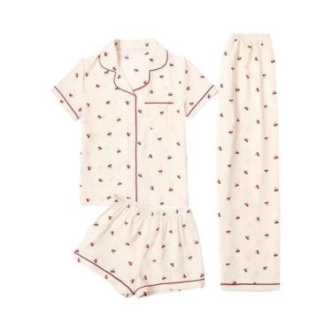 Imagem de Conjunto De Pijamas Femininos Com Estampa De Cereja, Manga Curta, 3 Pe