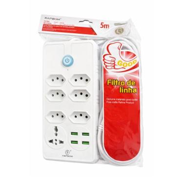 Imagem de Filtro de Linha Filtro de Linha Bivolt 7 Tomadas 4 USB 5M com Proteção Contra Surtos Universal