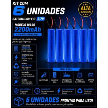 Imagem de Kit 6 Baterias Recarregáveis 18650 Super 3.7V 2200mAh Com Fio - Sanyo