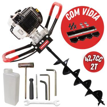 Imagem de Perfurador de Solo Profissional Kawashima ED43EBS Com Motor 2 Tempos á Gasolina 43cc e Broca de Vídia 80x15cm Para Covas de Mudas de Reflorestamento
