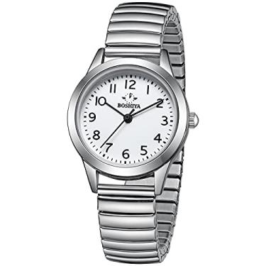 Imagem de BOSHIYA Relógios femininos Easy Reader 30 mm pulseira de expansão de aço inoxidável prata ouro feminino pequeno relógio de pulso, Prata - feminino, Movimento de quartzo