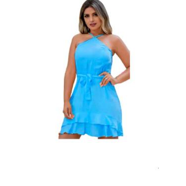 Imagem de Vestido Alcinha Solto Curto Azul Feminino Verão Liso Com Bojo Praia In