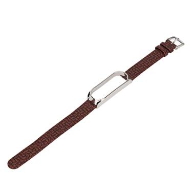 Imagem de Pulseira de couro para relógio, design contraído respirável e pulseira de couro macio moderna com fivela de metal para Mi Band 6, marrom, prata