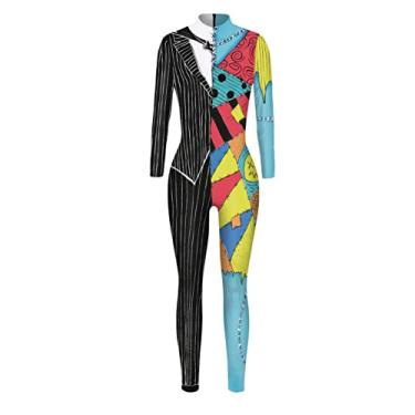 Imagem de Women Halloween Skeleton Costume Stretch Skinny Catsuit Jumpsuit Scary Skull Print Long Sleeve Bodysuit Medium