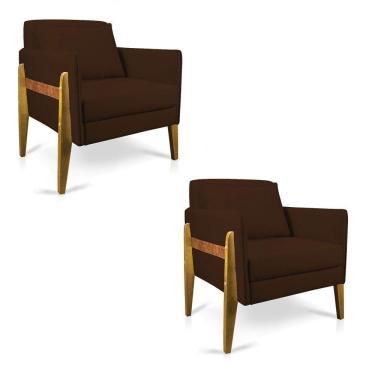 Imagem de Kit 02 Poltronas Lana Suede Marrom Base De Madeira